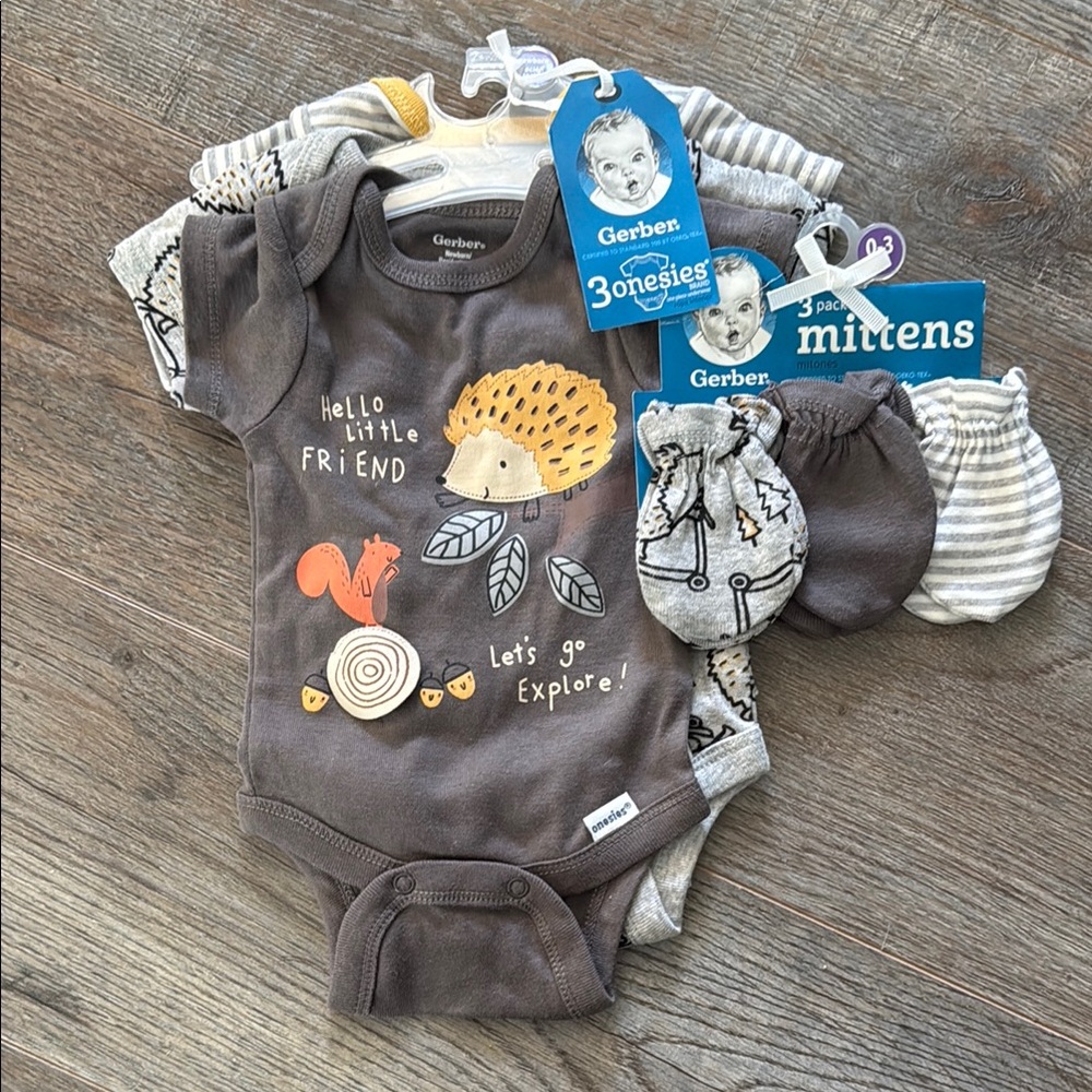 NWT Gerber Baby Onesies and Mittens Set - Gray Hedgehog Theme